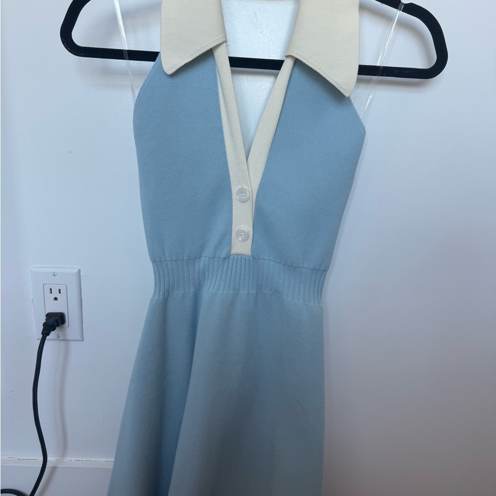 Never worn Light Blue Halter Knit Dress with Cream Collar